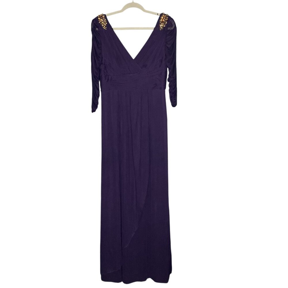 Adrianna Papell 12 Deep Purple Embellished Gem Shoulder Mesh Stretch Maxi Dress